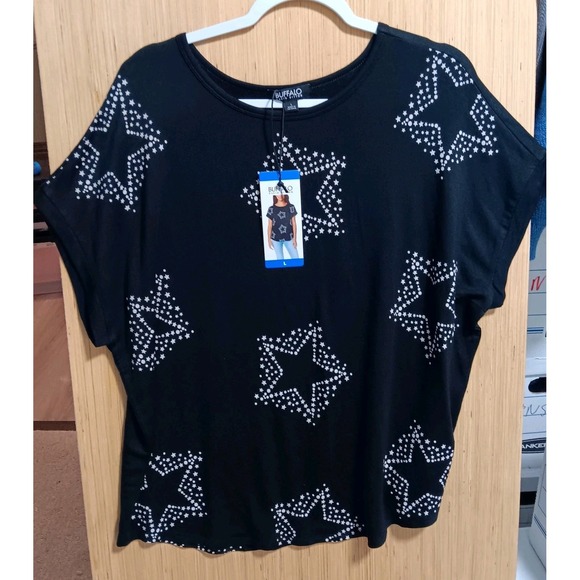 Buffalo David Stitton Size L‎ French Terry Short Sleeve Top Black Million Stars - Picture 1 of 4